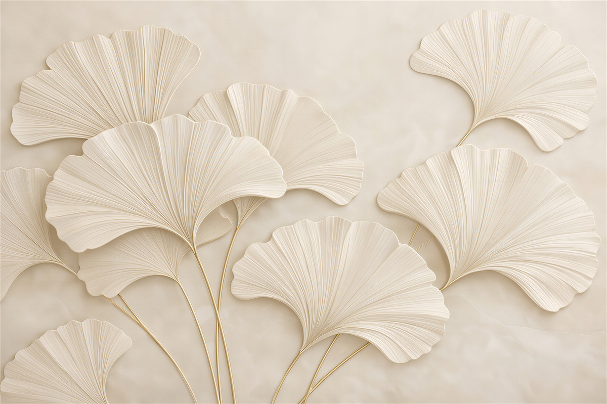 Fotobehang Crème Ginkgo Bladeren Elegant