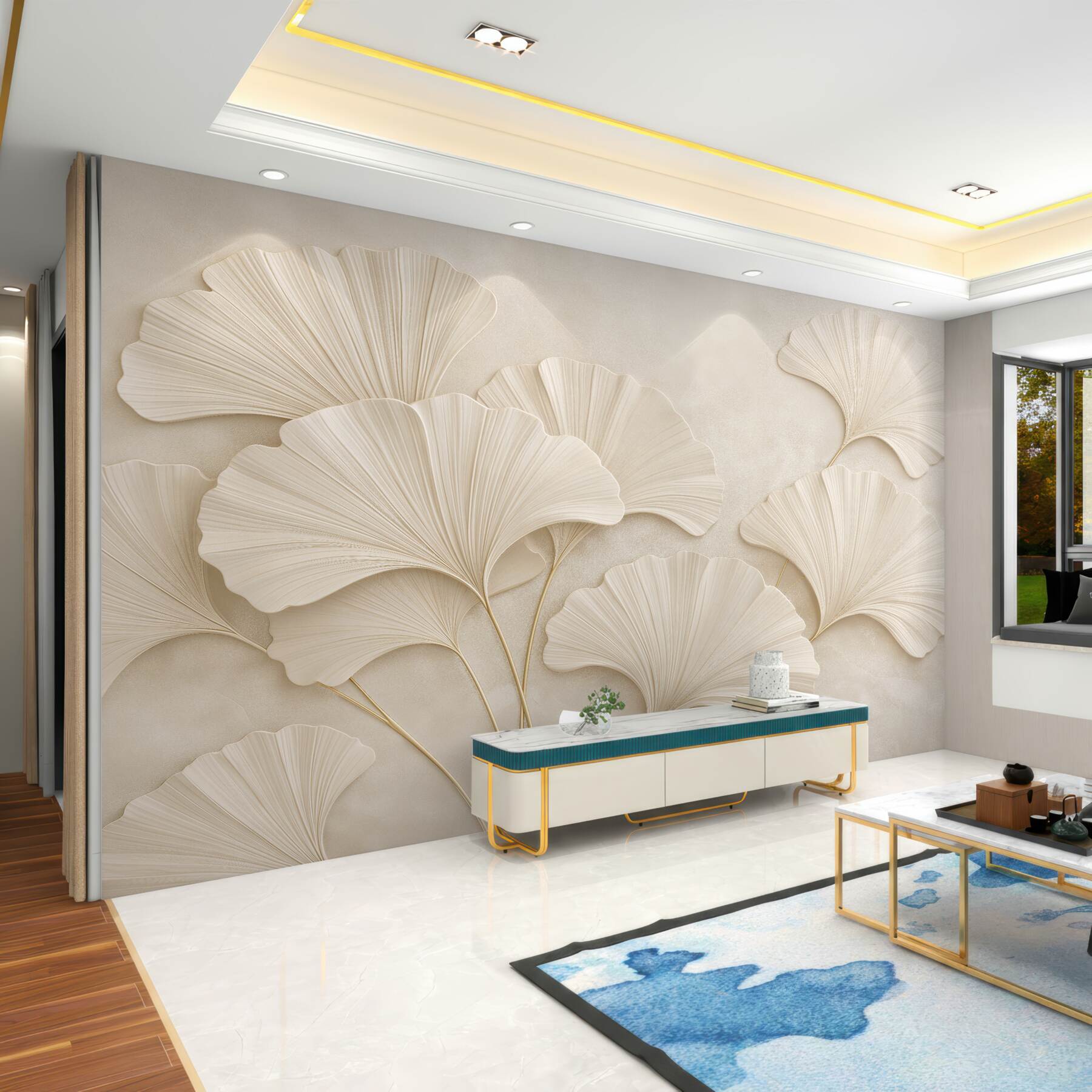 Fotobehang Crème Ginkgo Bladeren Elegant