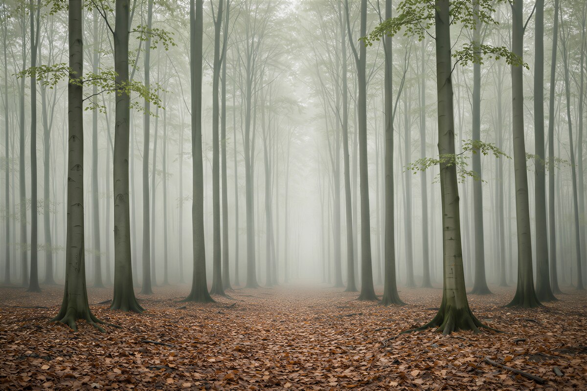 Fotobehang Mistig Bos in de Ochtend