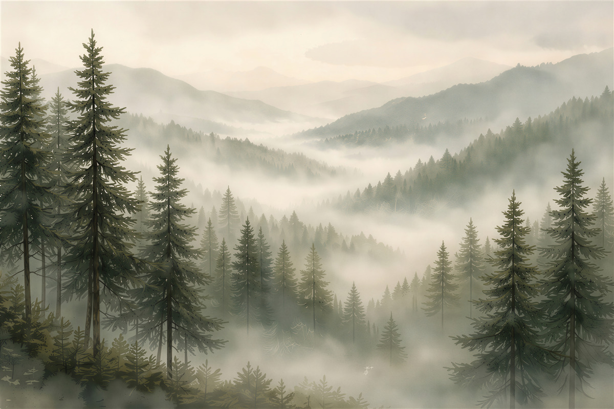 Fotobehang Mistig Bergbos bij Dageraad