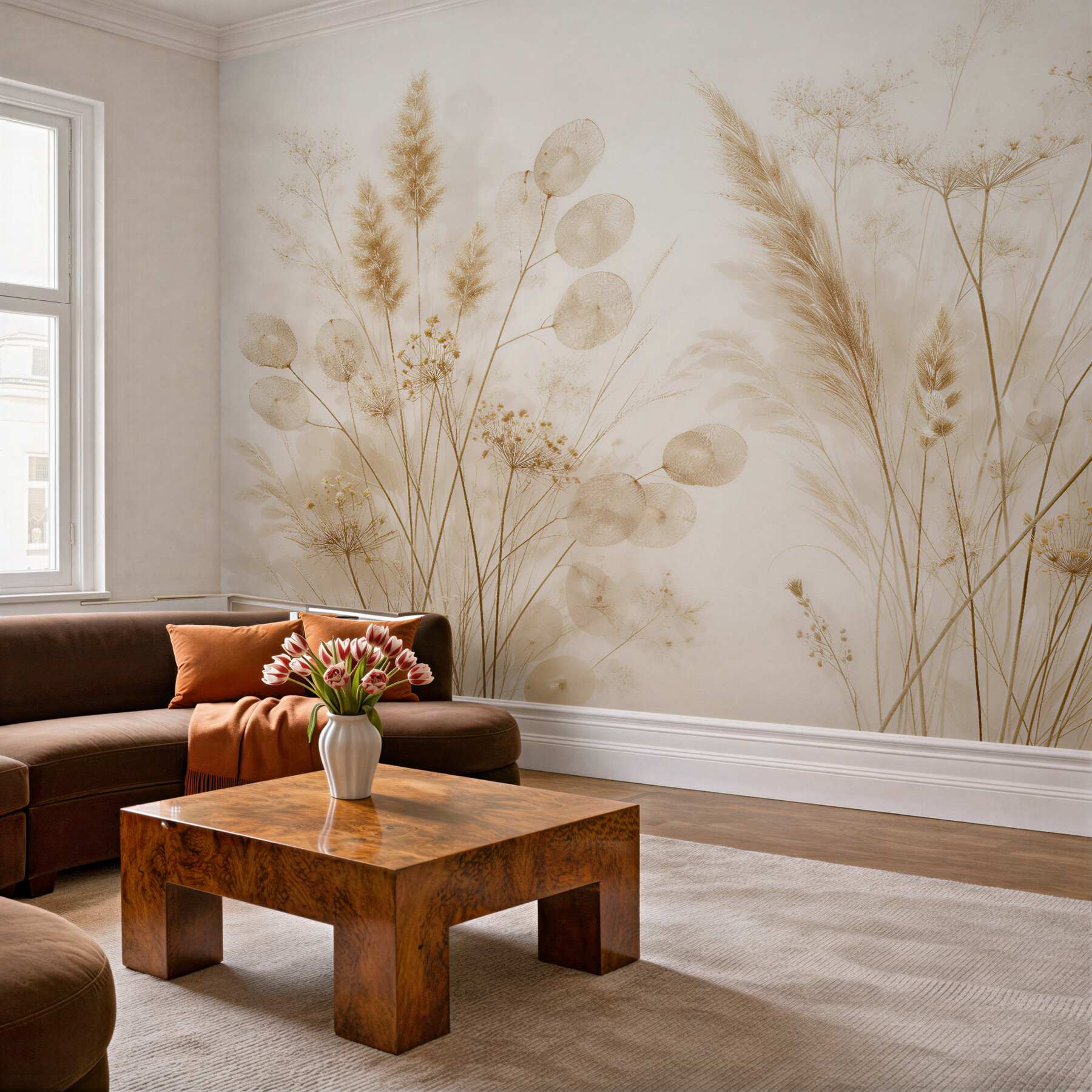 Fotobehang Delicate Grassen in Beige Mist