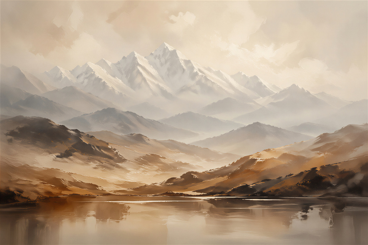 Fotobehang Bergachtige rust bij een gouden meer