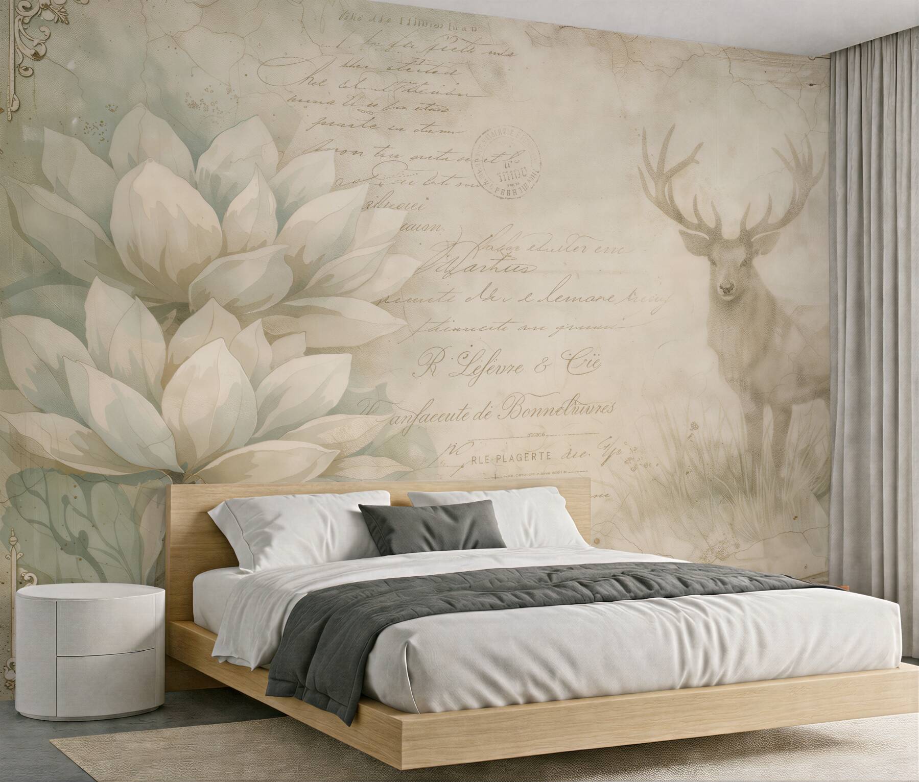 Fotobehang Vintage magnolia's met een majestueuze hert