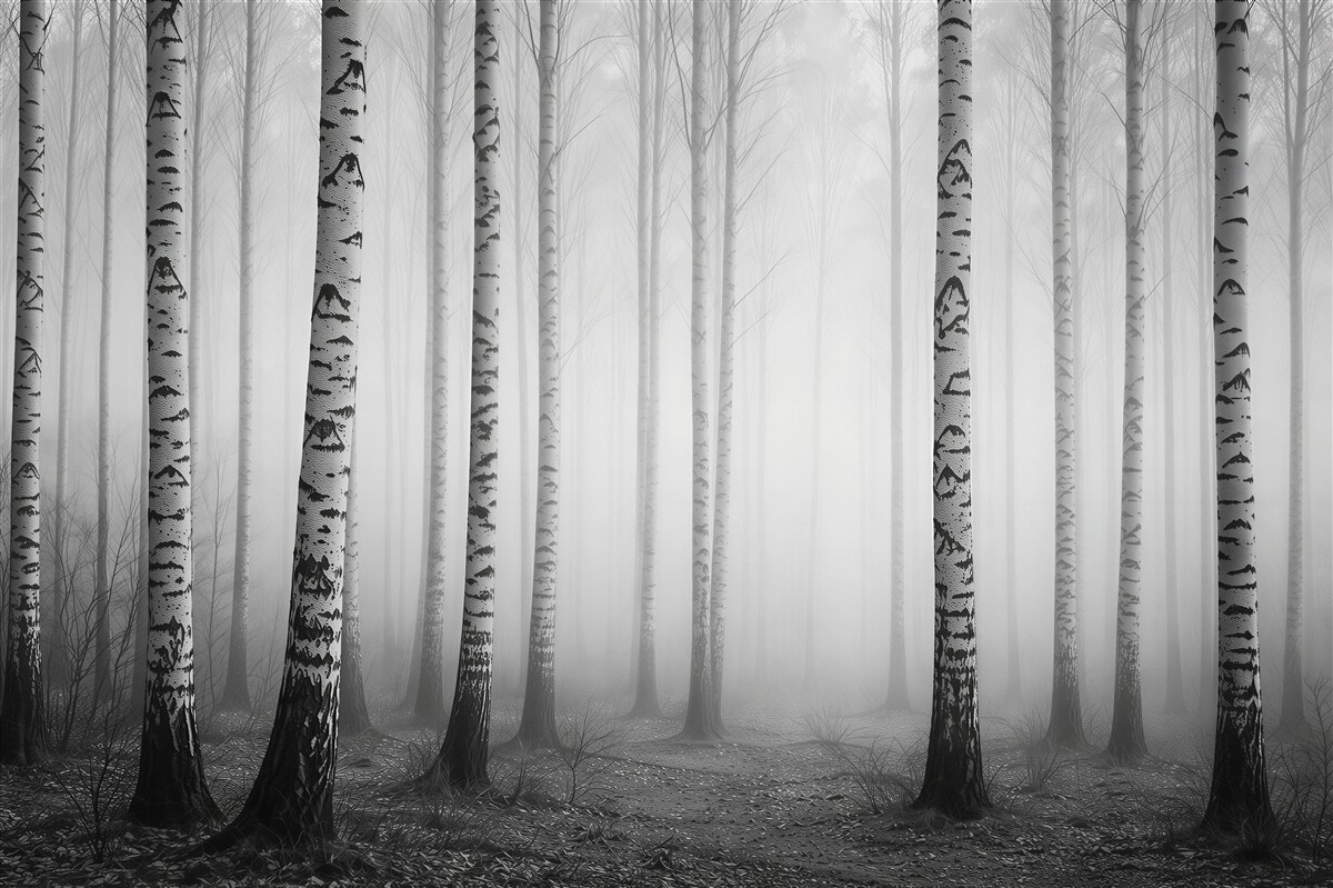 Fotobehang mistig berkenbos in grijstinten