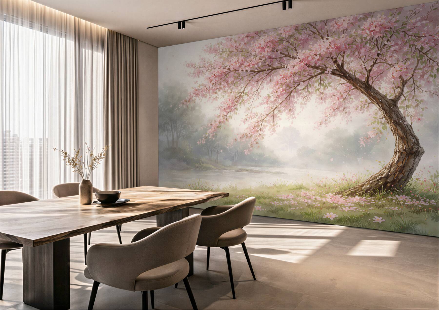 Fotobehang bloeiende kersenbomen boven een rustige rivier
