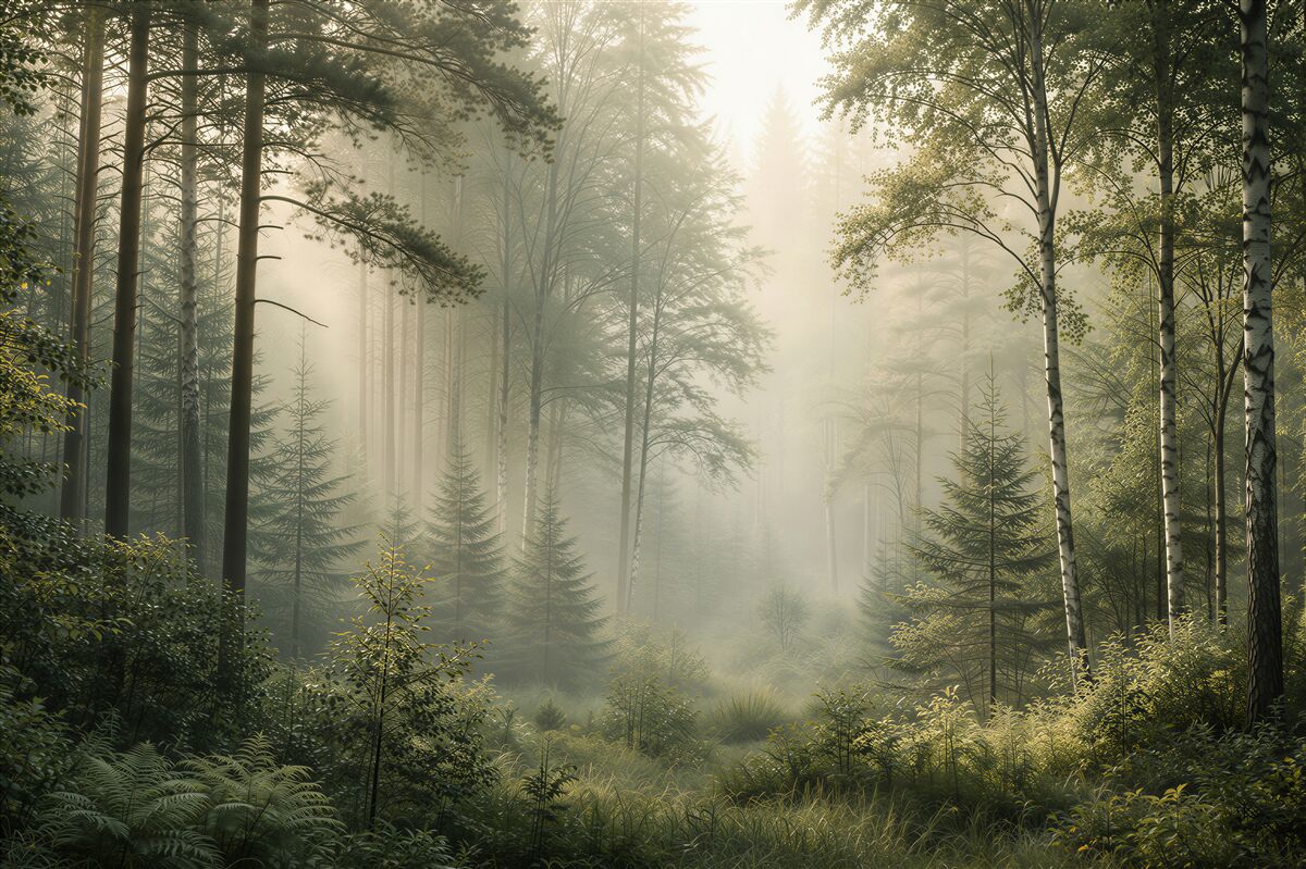 Fotobehang Stralende bosdawn in het groen