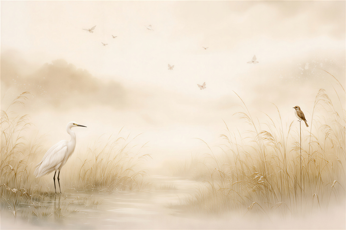 Fotobehang Mistige reigers op een subtiele moeras