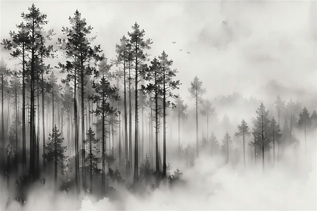 Fotobehang Pădure cețoasă în monocrom