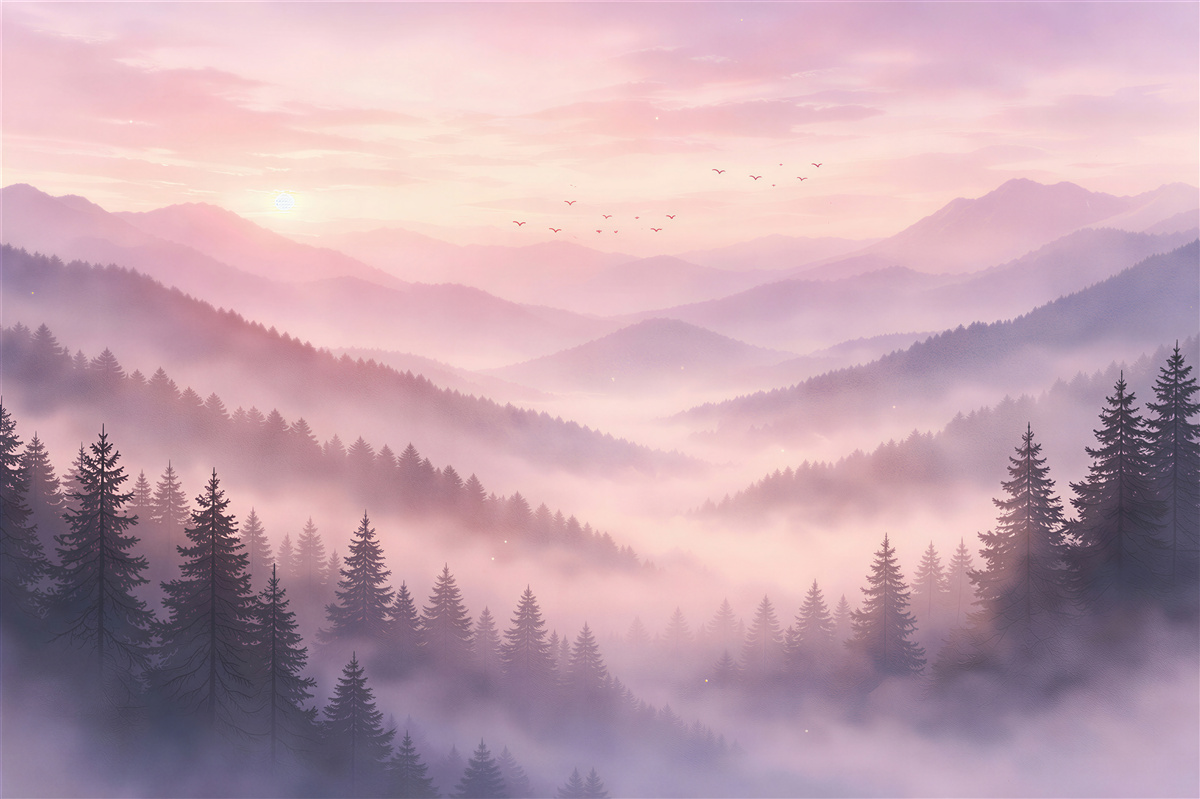 Fotobehang Roze Dageraad boven Mistige Bergen