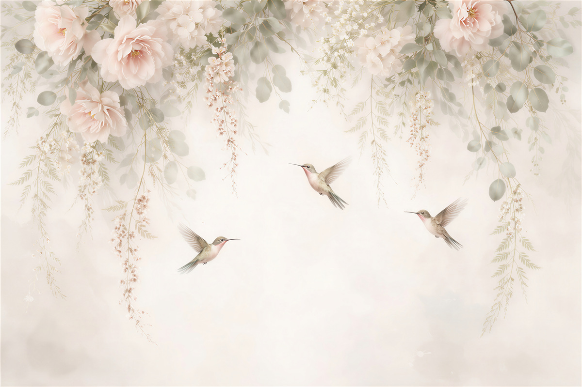 Fotobehang Poze cu flori pudrate și colibri de vis