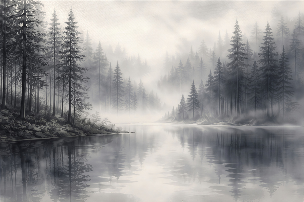 Fotobehang Bosmeer in zilveren mist