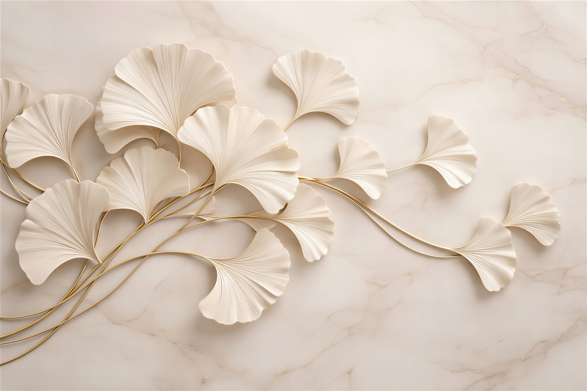 Fotobehang Crème ginkgo bladeren met goud