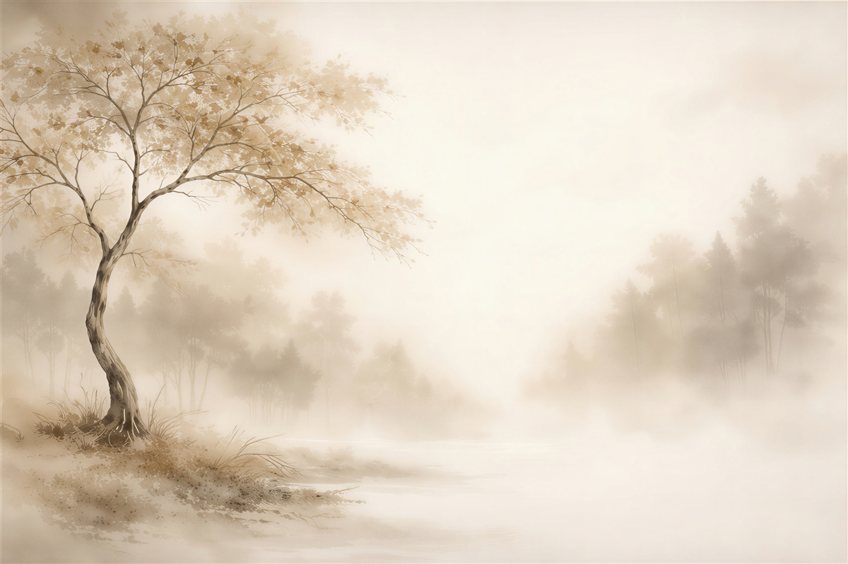 Fotobehang Mistig landschap met een eenzame boom