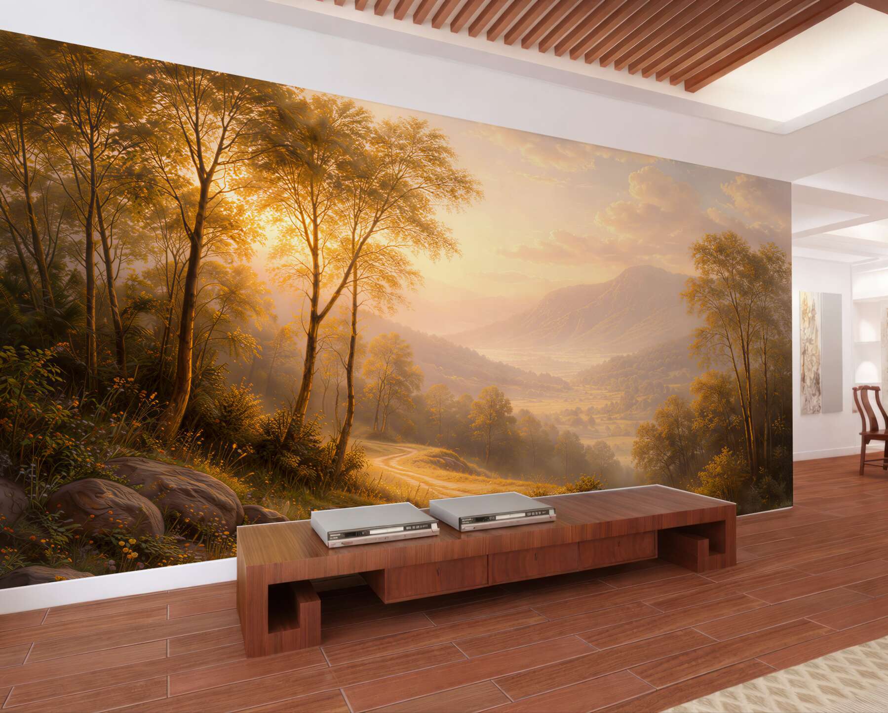 Fotobehang gouden weg door de bergvallei