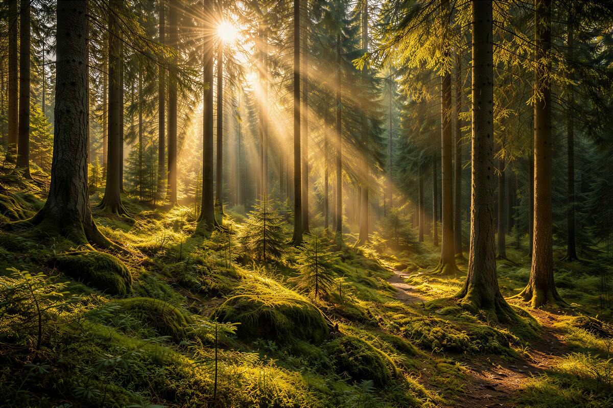 Fotobehang bosmorgen in gouden stralen