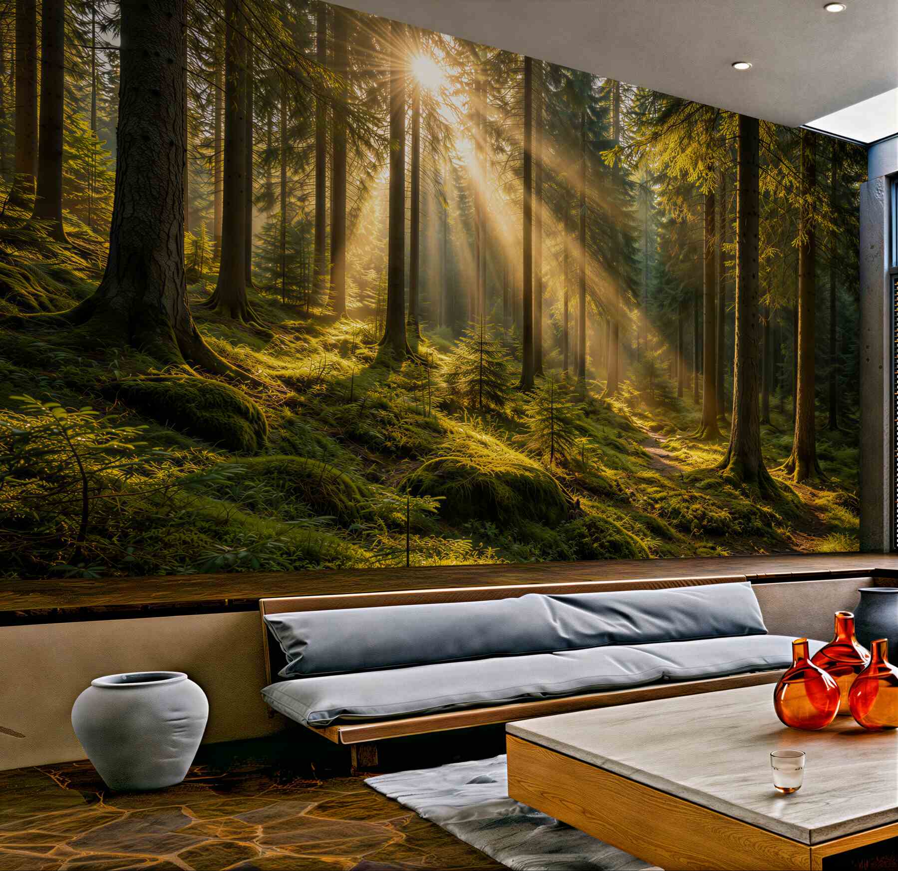 Fotobehang bosmorgen in gouden stralen