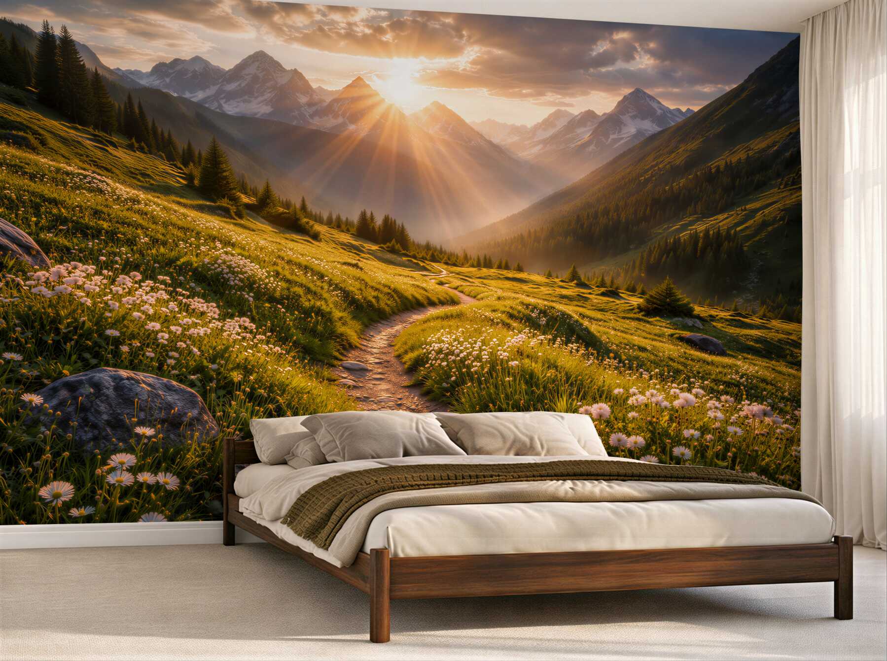 Fotobehang zonnig pad in een bergvallei