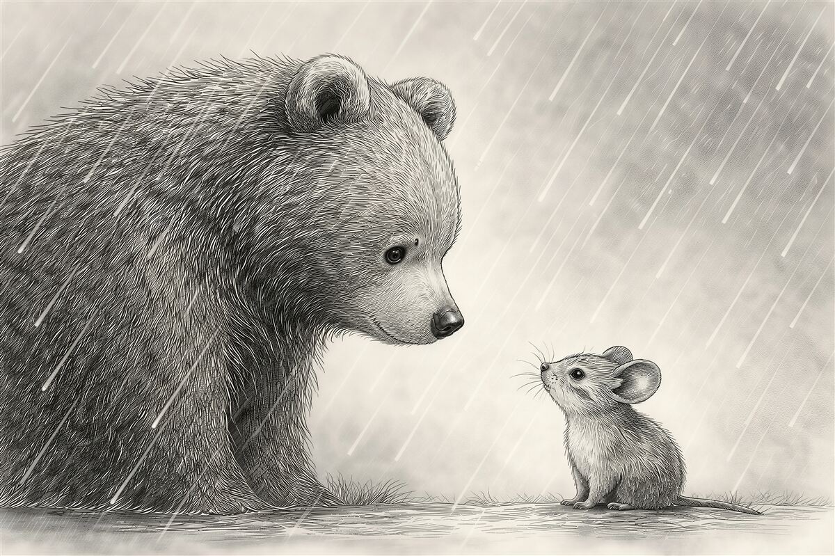 Fotobehang beer en muis in de regen