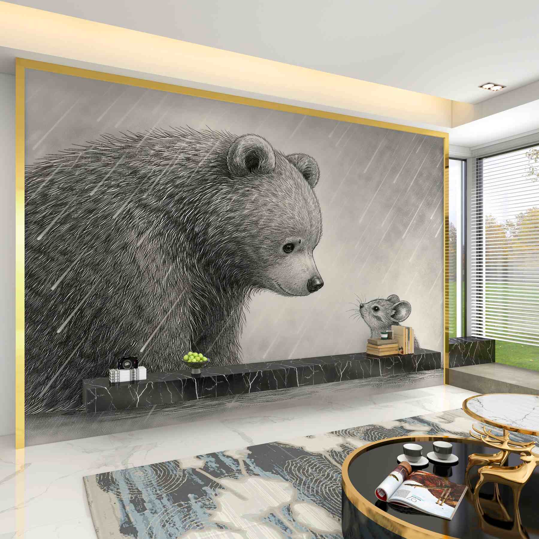 Fotobehang beer en muis in de regen
