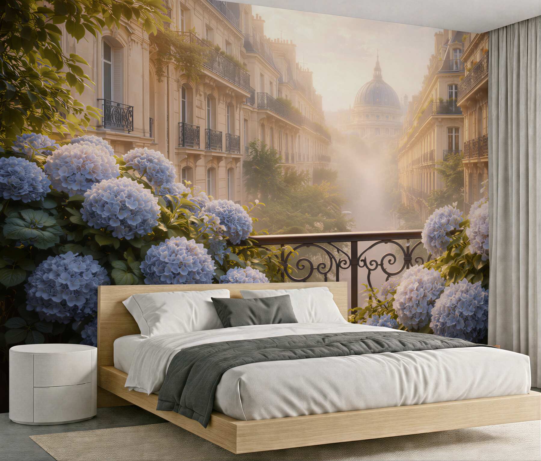 Fotobehang bloeiende Parijse balkon bij zonsopgang