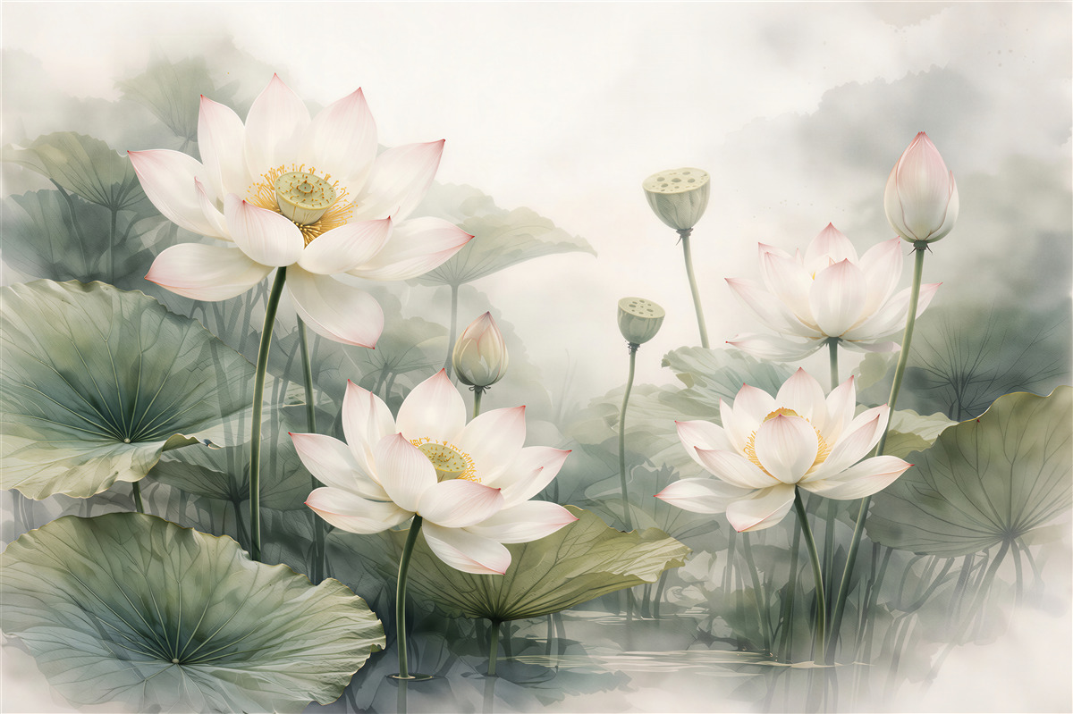 Fotobehang witte waterlelies boven rustig water