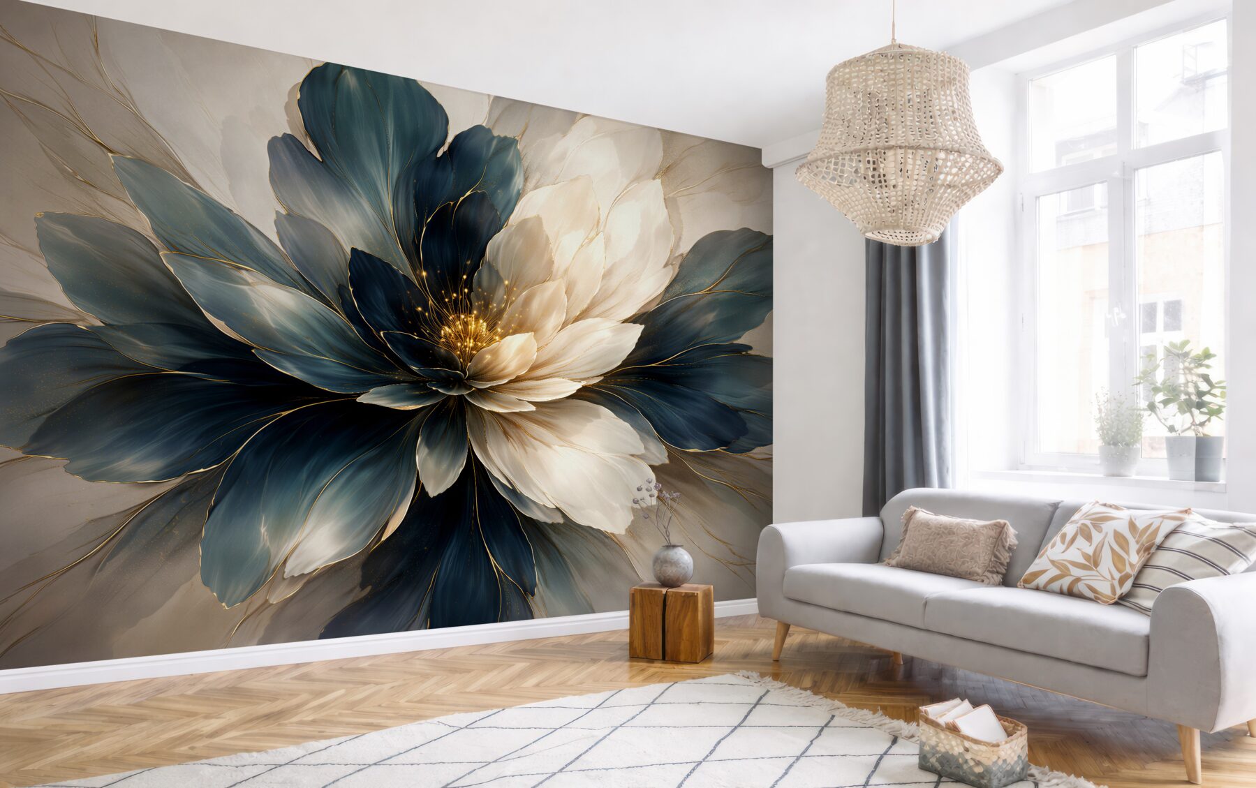 Fotobehang marineblauwe bloem met gouden glans