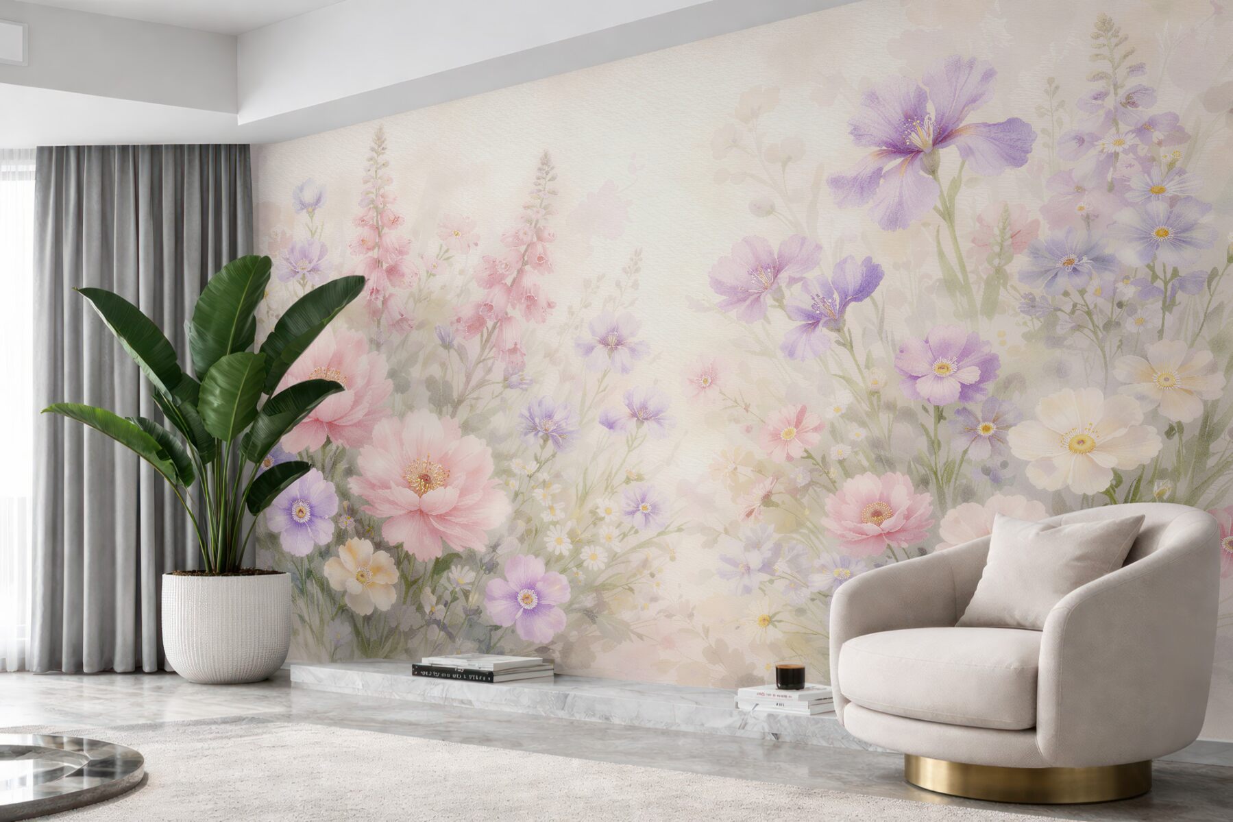 Fotobehang pastel bloemenweide in aquarel