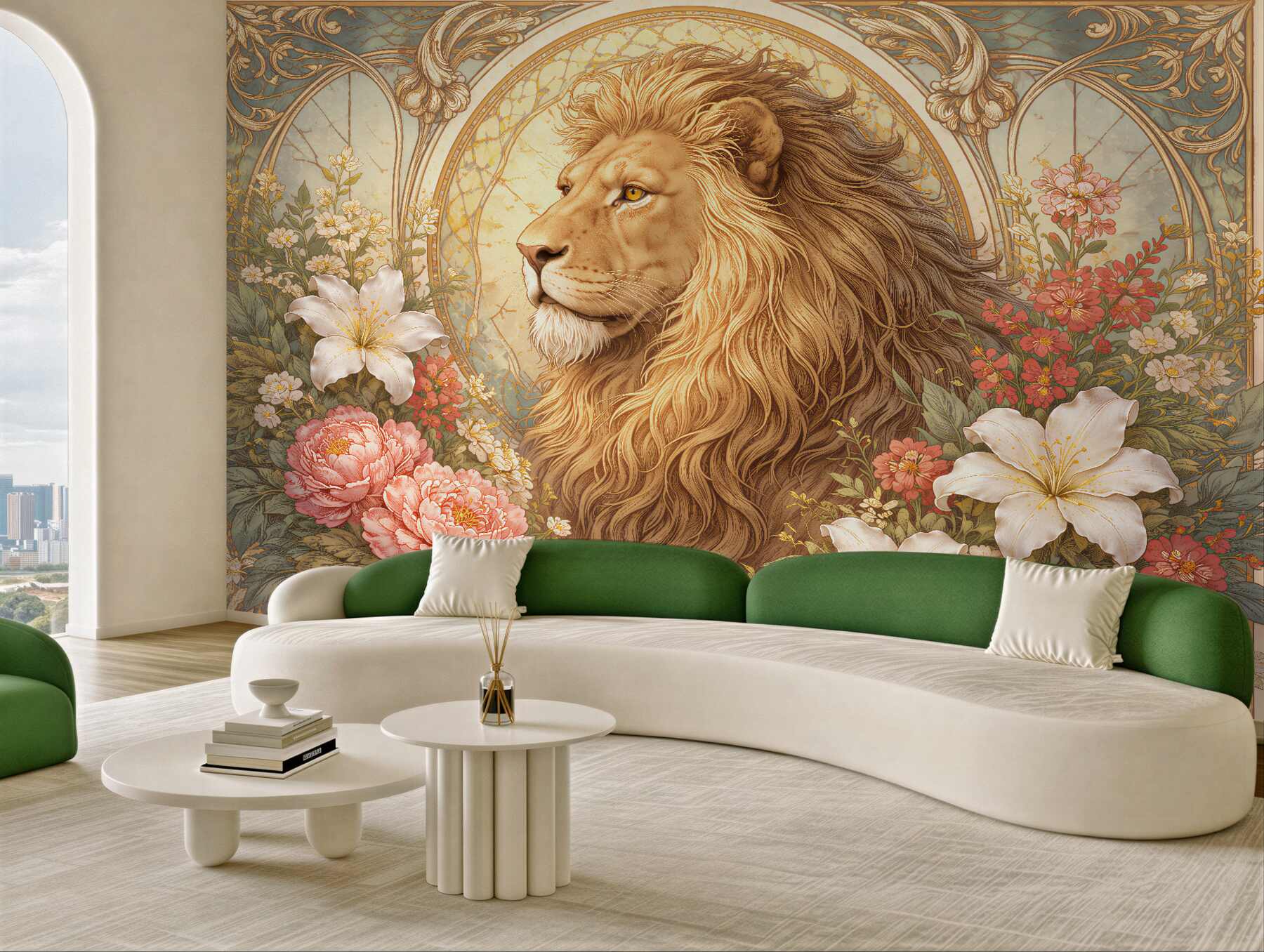 Fotobehang koninklijke leeuw tussen bloemen