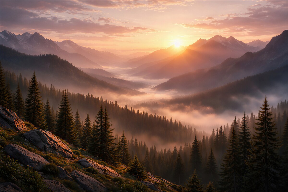 Fotobehang bergachtige zonsopgang boven de vallei