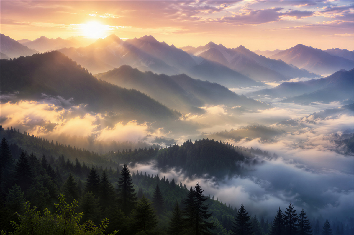 Fotobehang zonsopgang boven mistige bergen
