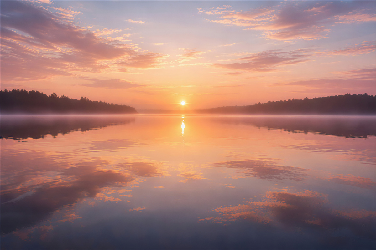 Fotobehang pastelachtige zonsopgang boven het meer