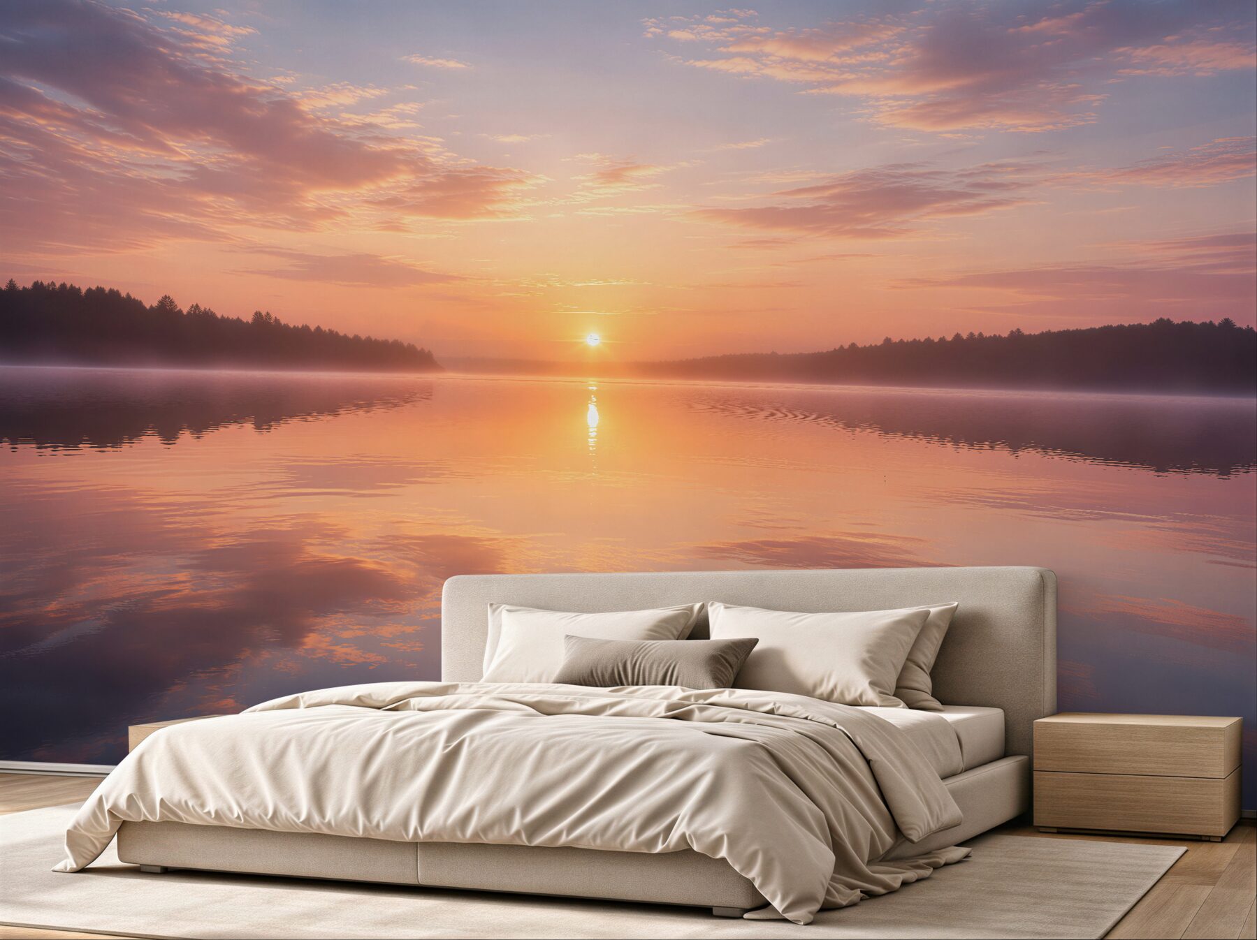 Fotobehang pastelachtige zonsopgang boven het meer