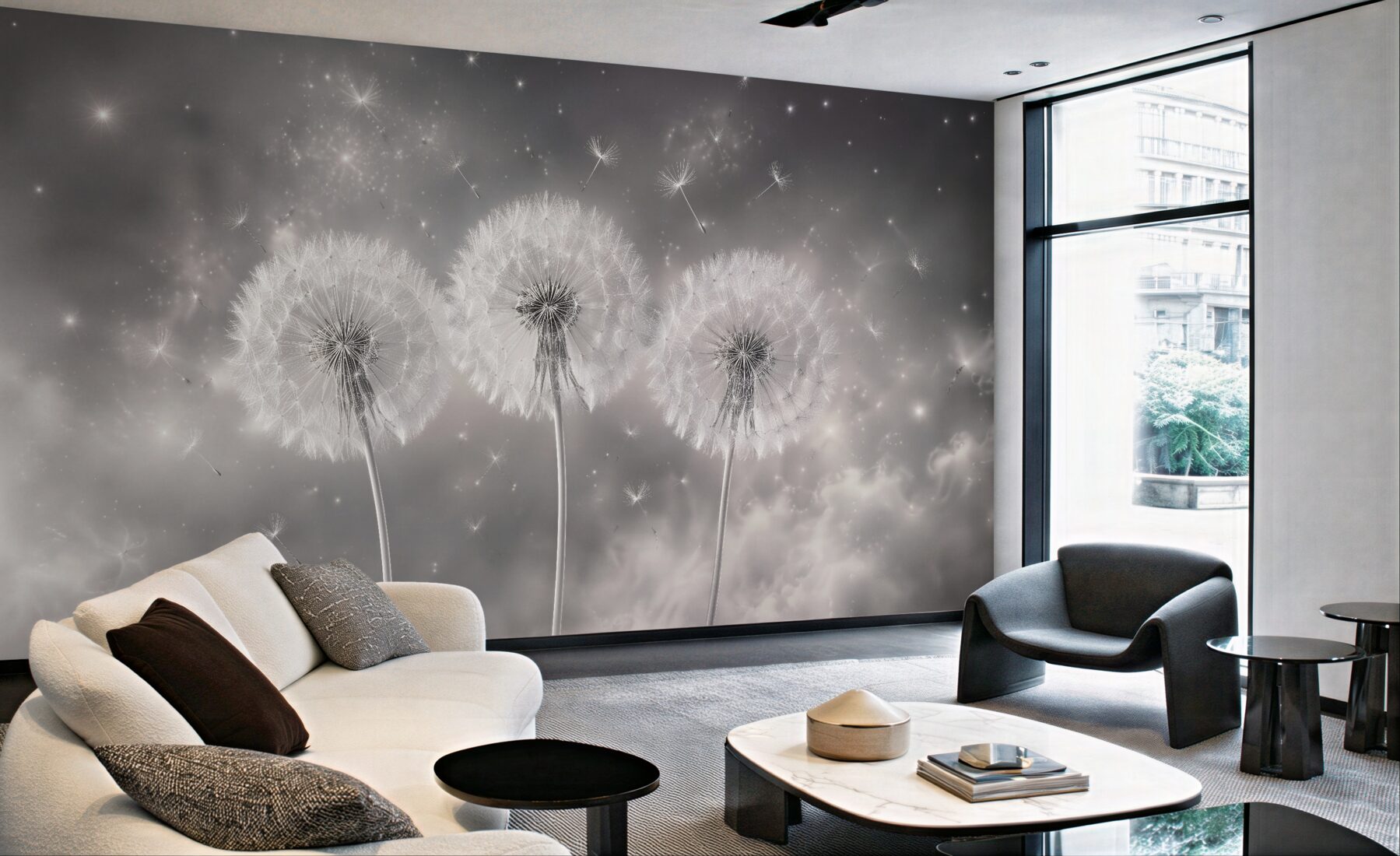 Fotobehang heldere paardenbloemen in zilveren mist