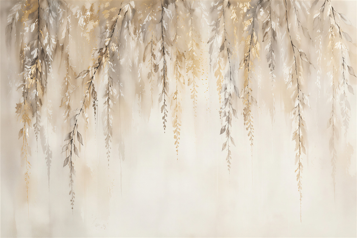 Fotobehang gouden hangende takken in aquarel