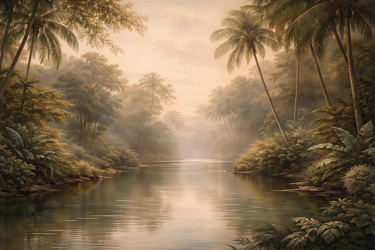 Fotobehang mistige rivier in de tropische jungle