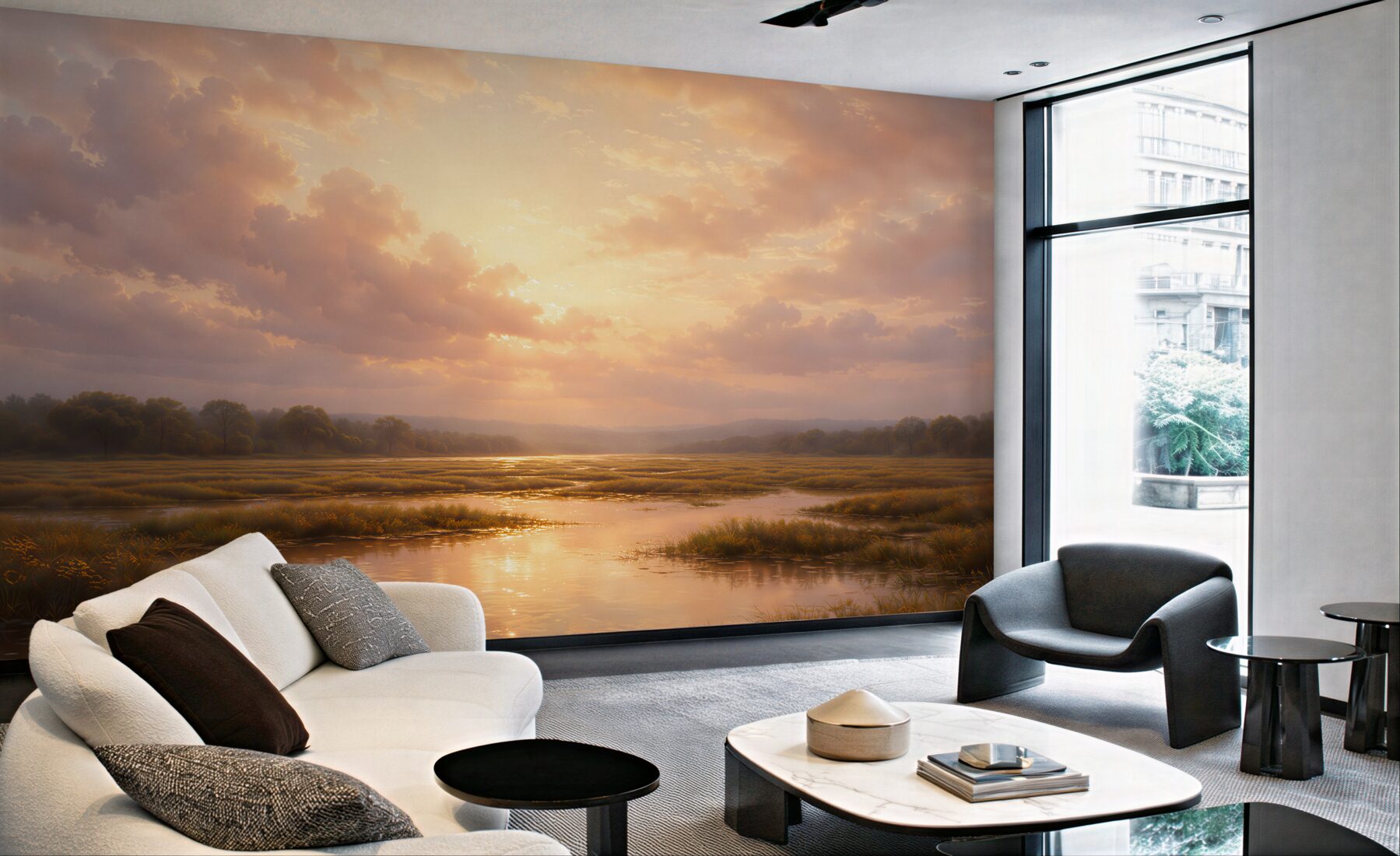 Fotobehang gouden zonsondergang boven rustige moerassen