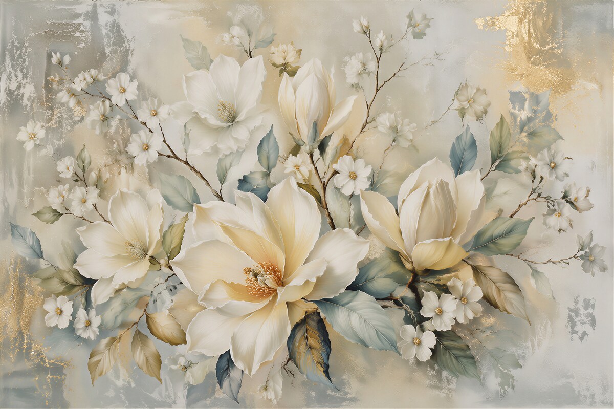 Fotobehang magnolii crem cu aur