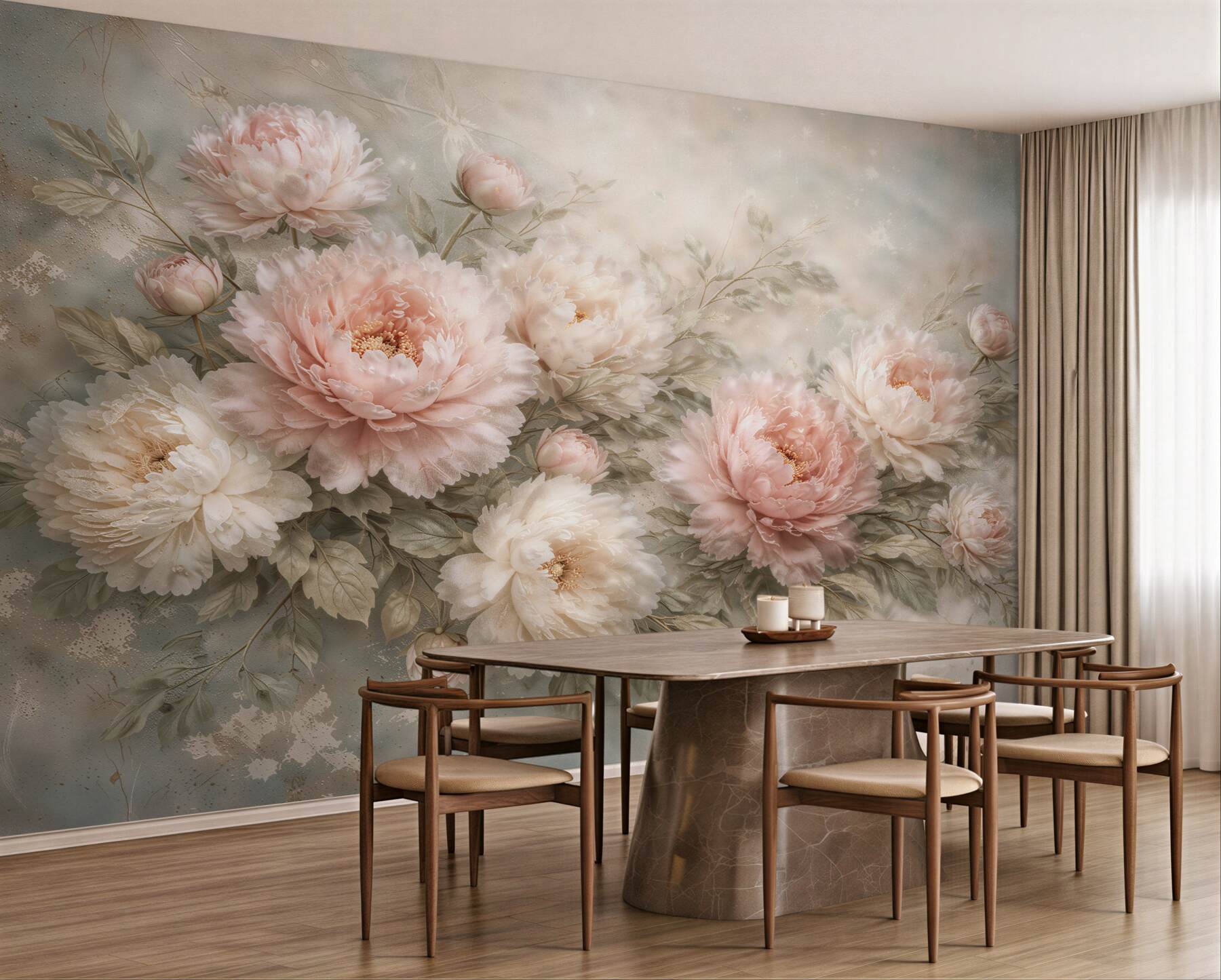 Fotobehang pastel pioenen in een subtiele gloed