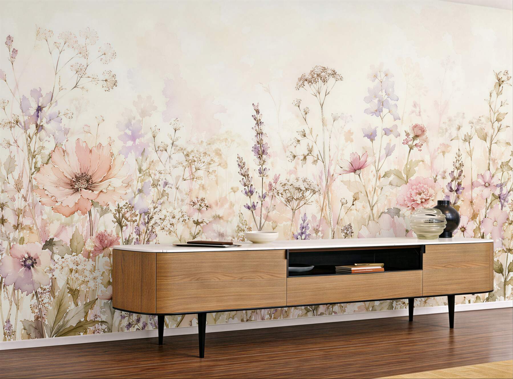 Fotobehang pastelweide in bloemen aquarel