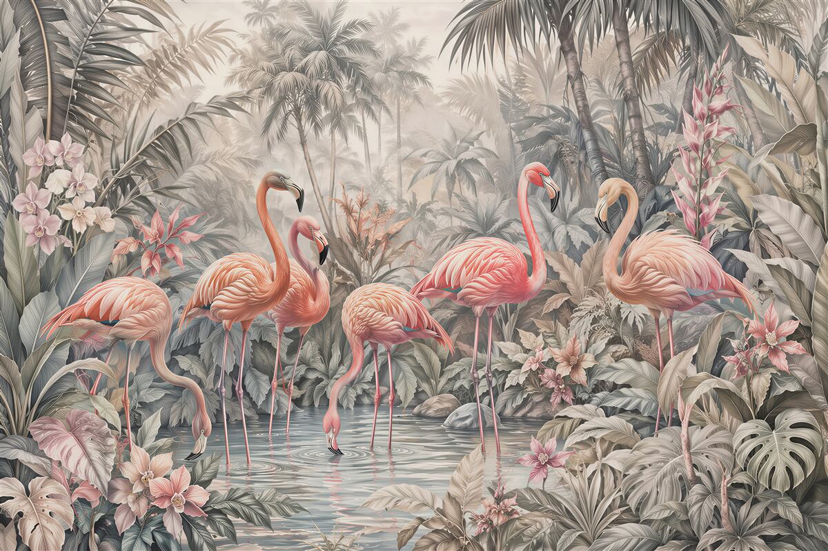 Fotobehang flamingo's in pastelachtige jungle
