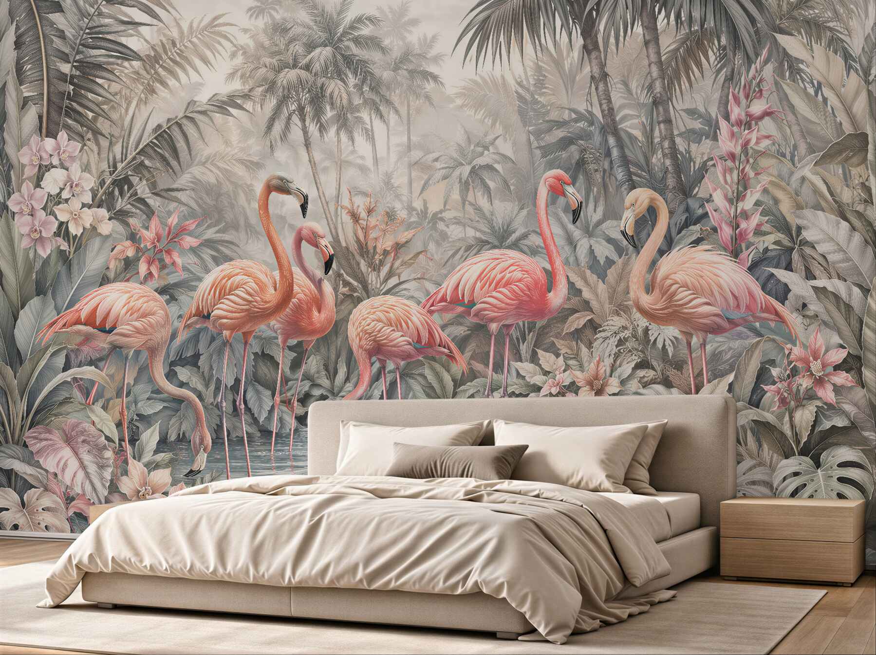 Fotobehang flamingo's in pastelachtige jungle