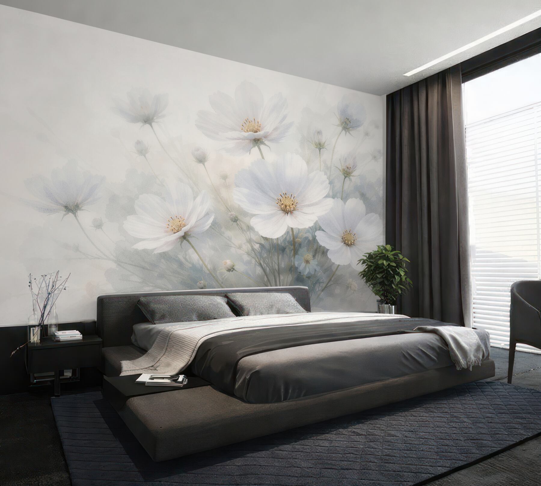 Fotobehang luchtige witte bloemen in de mist