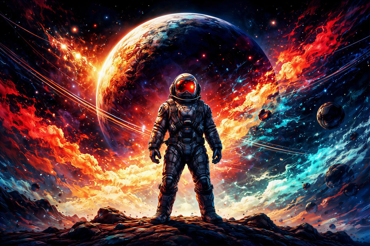 Fotobehang kosmische astronaut in vlammenstelsel