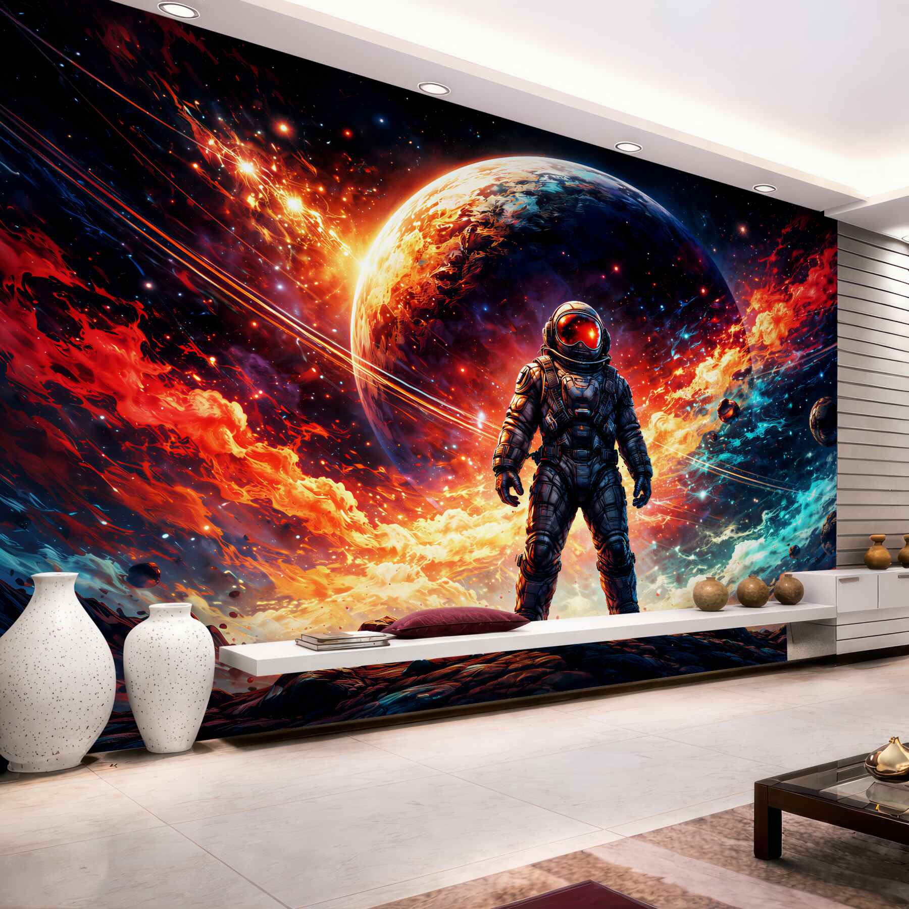 Fotobehang kosmische astronaut in vlammenstelsel