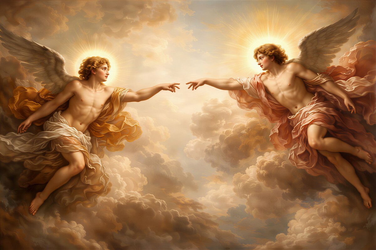 Fotobehang engelen in gouden wolken