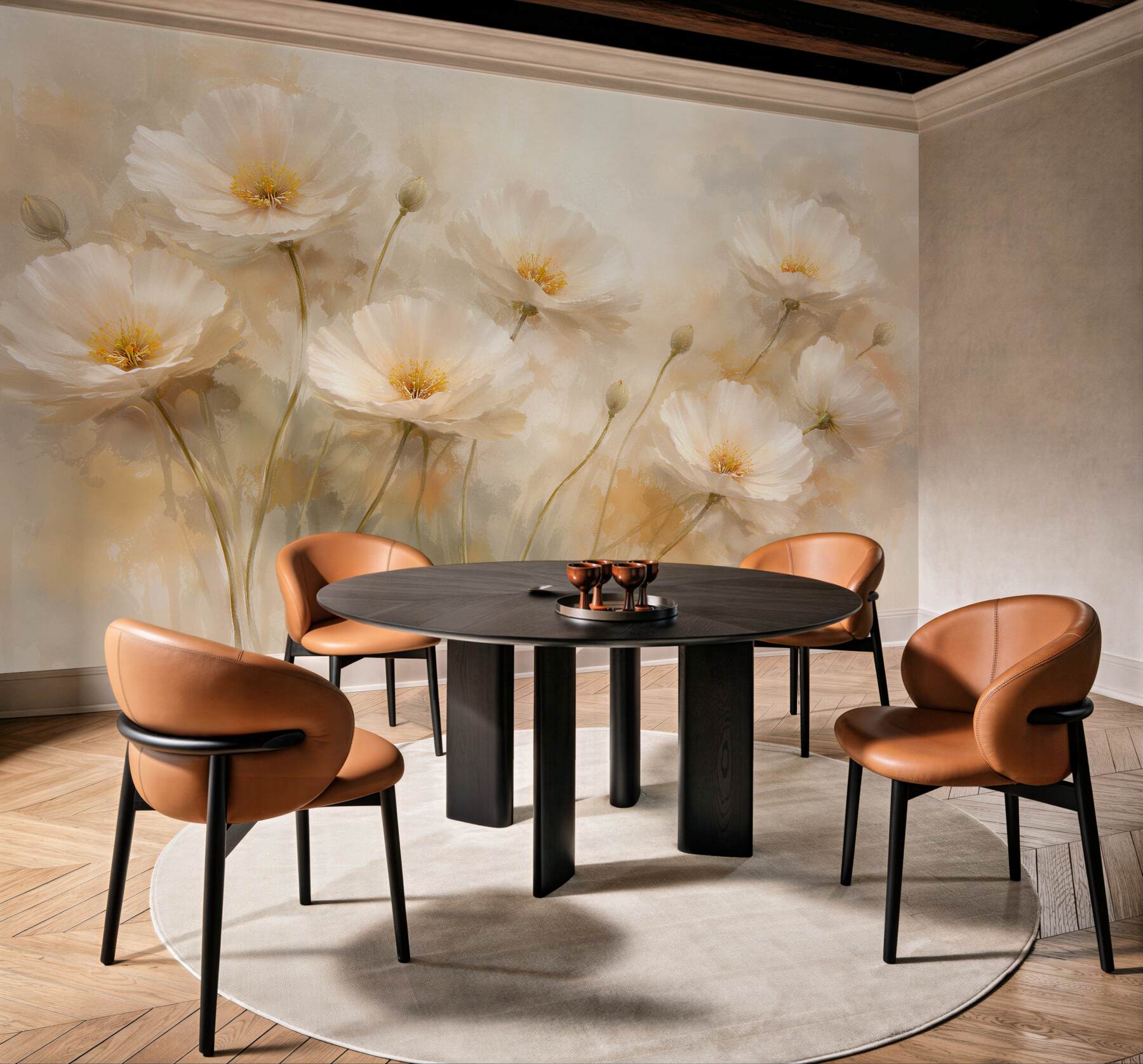 Fotobehang crèmekleurige bloemen in een heldere mist