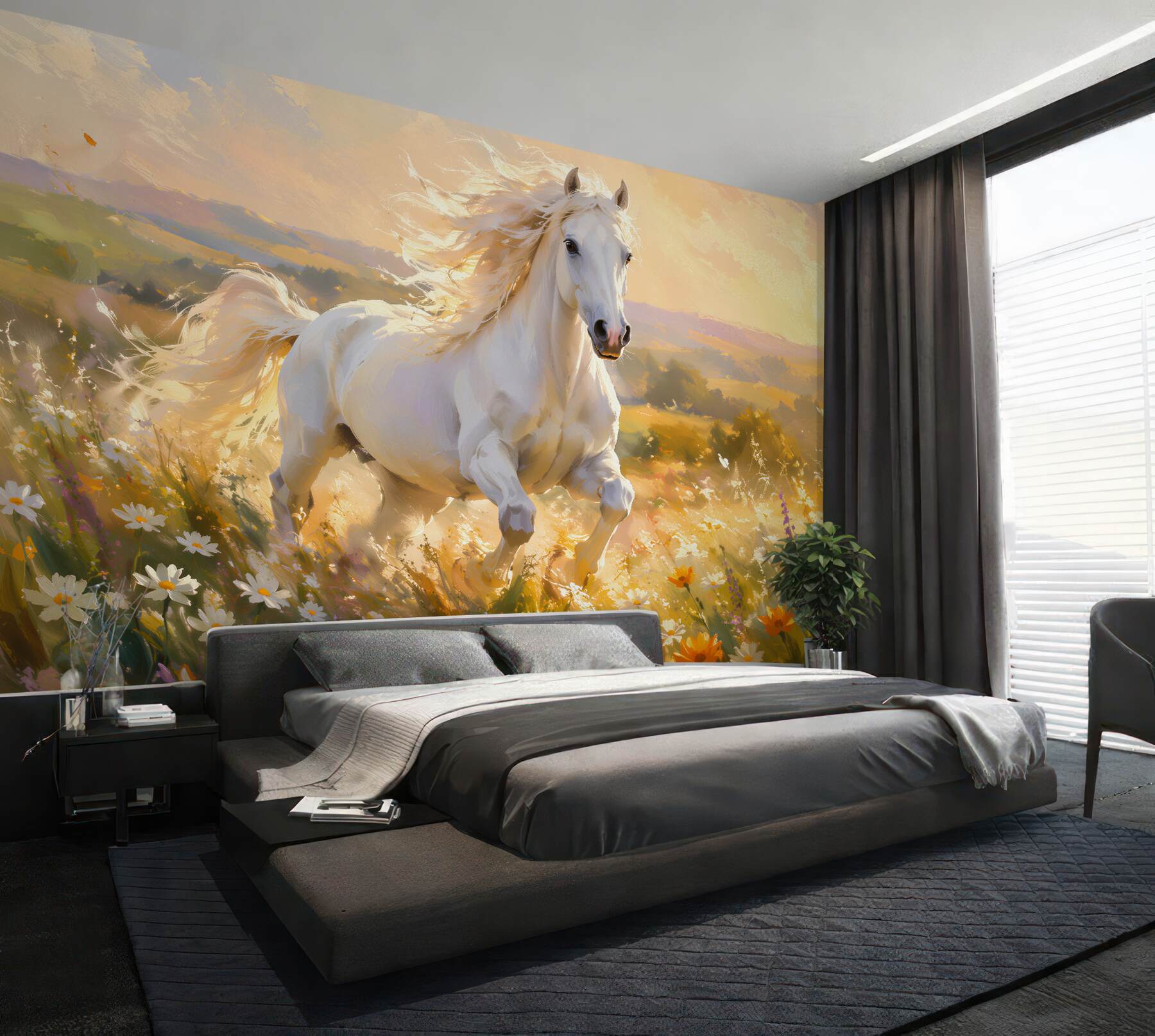 Fotobehang wit paard bij gouden zonsopgang