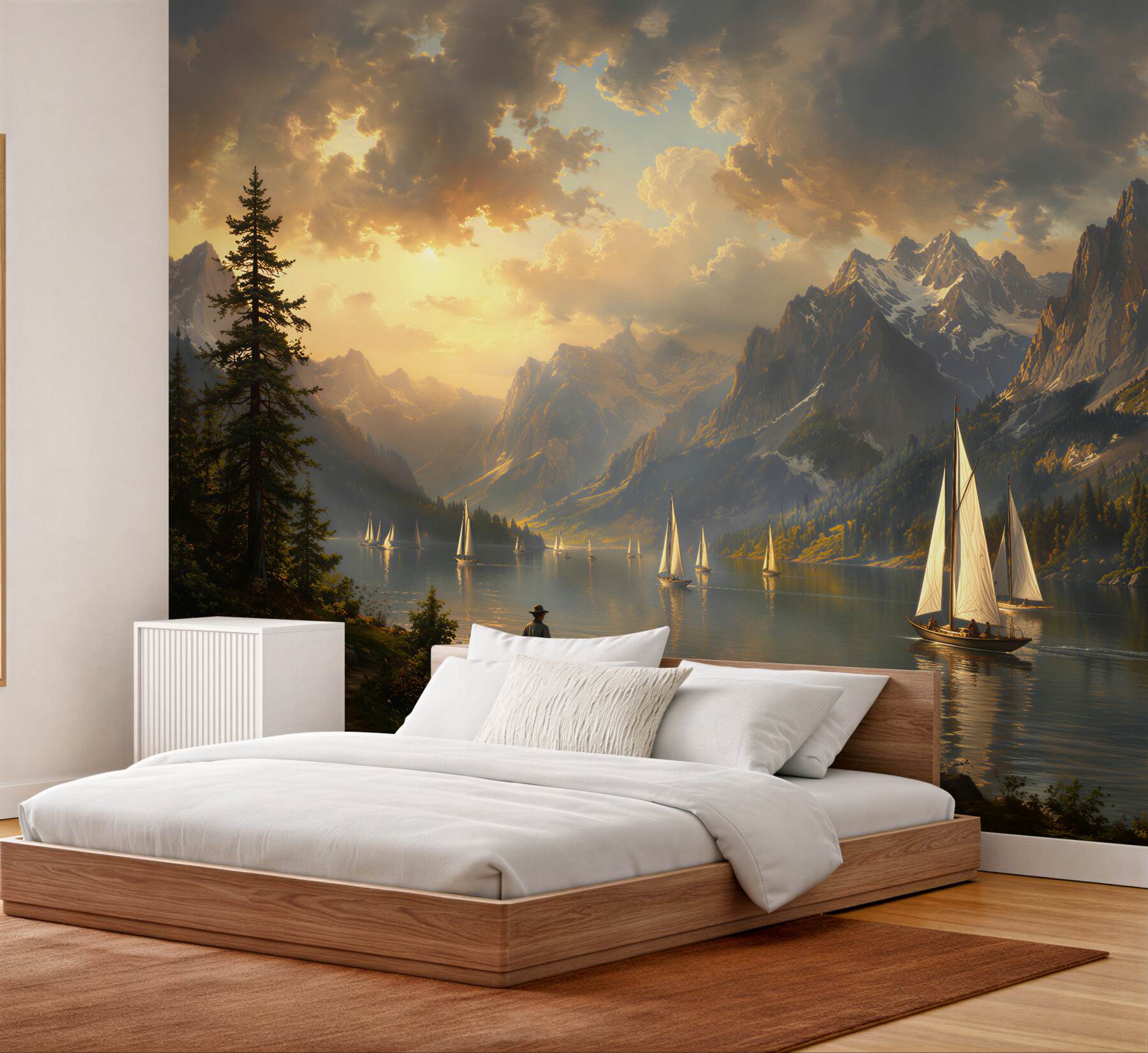 Fotobehang bergmeer bij zonsondergang