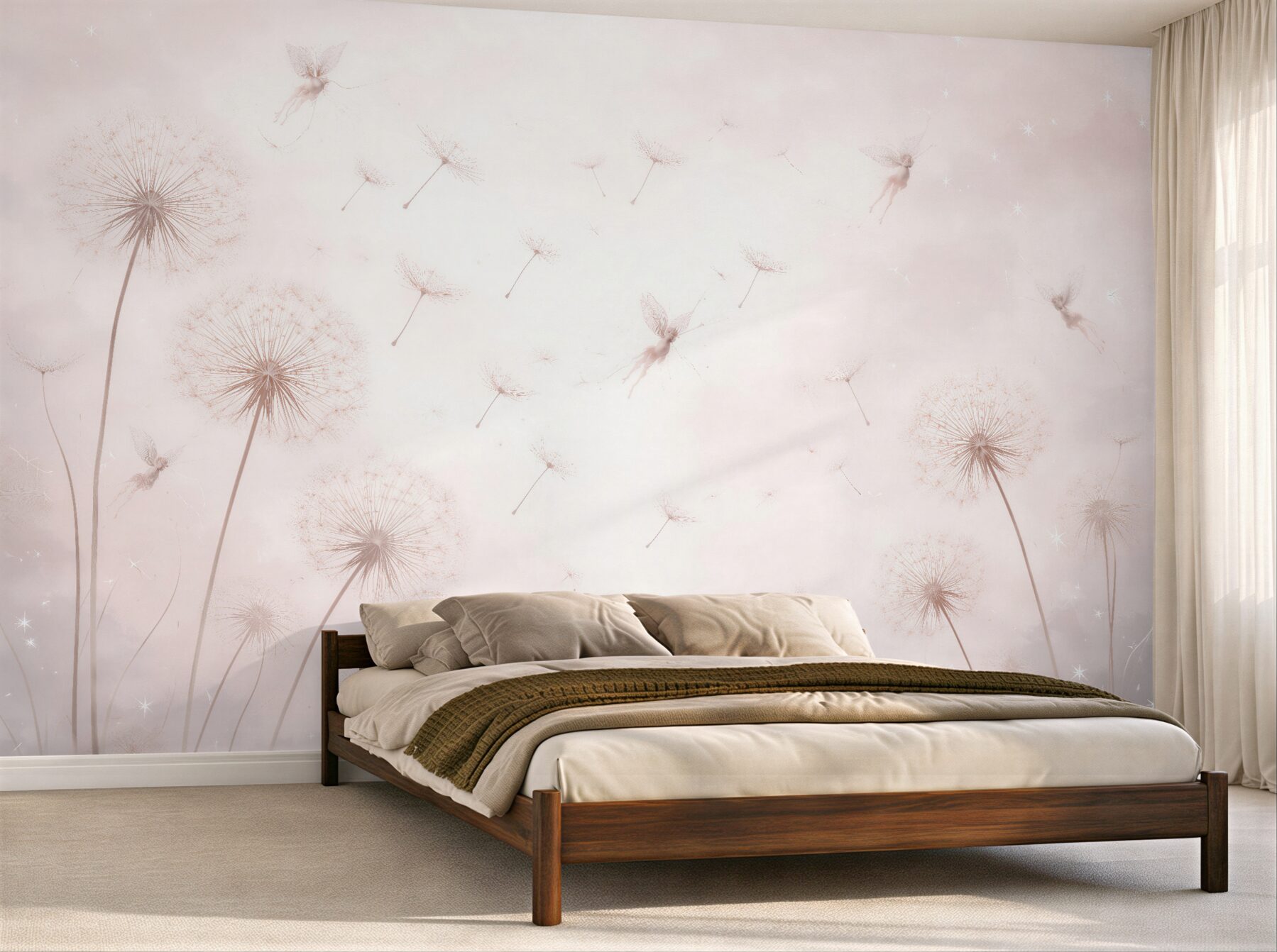 Fotobehang sprookjesachtige paardenbloemen en feeën