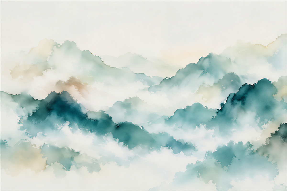 Fotobehang aquarel bergen in lichte mist